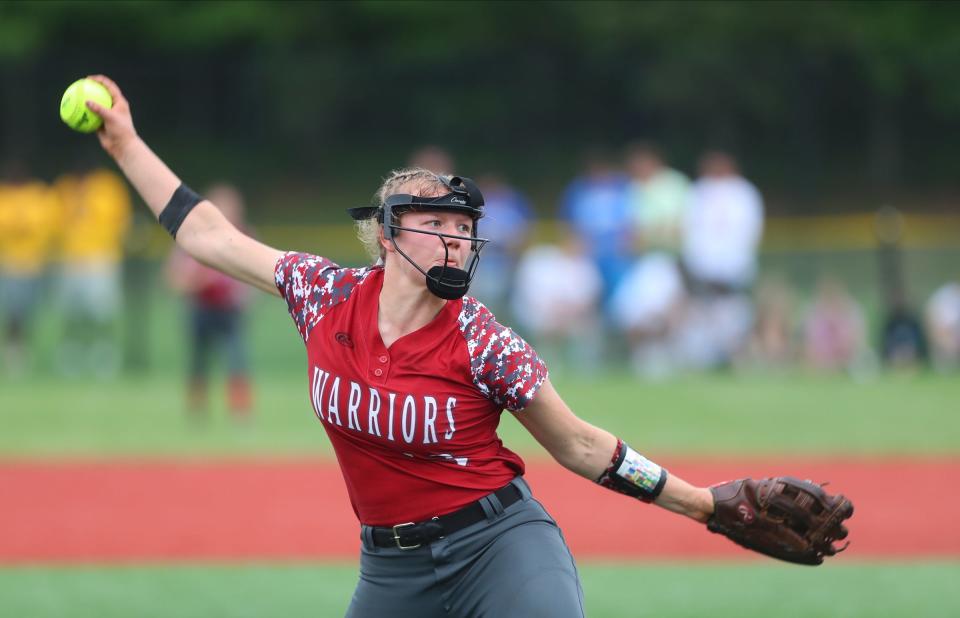Chenango Valley's Madeline Trisket (13) delivers a pitch in the NYSPHSAA Class B final against Ichabod Crane at Moriches Athletic Complex in Moriches on Saturday, June 11, 2022.