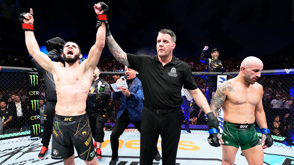 Lightweight champion Islam Makhachev (pictured left) gets his hand raised after defeating Alexander Volkanovski (pictured right).