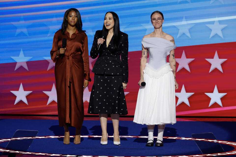 From left: Kamala Harris's goddaughter Helena Hudlin, niece Meena Harris and stepdaughter Ella Emhoff take the stage at the convention. 