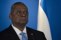 U.S. Secretary of Defense Lloyd Austin pauses during a joint statement with his Israeli counterpart, Minister of Defence Yoav Gallant following their meeting at Ben Gurion International Airport in Thursday, March 9, 2023. (AP Photo/Maya Alleruzzo)