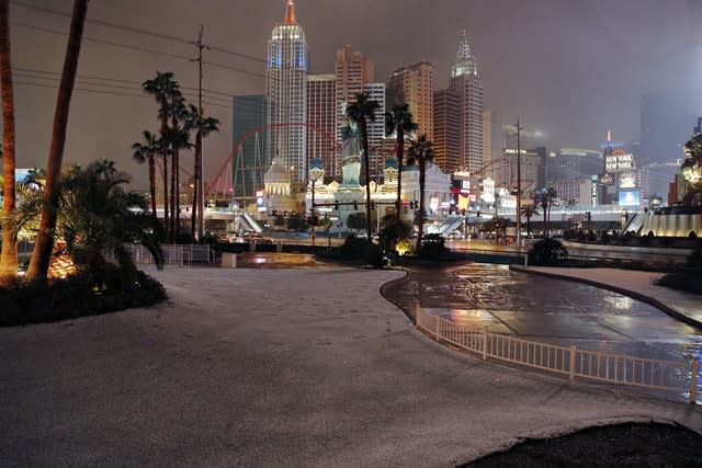 A dusting of snow covers an area along the Las Vegas Strip
