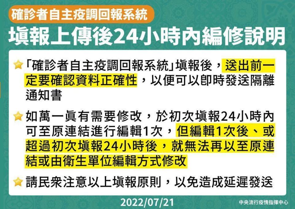 莊人祥提醒，自主疫調回報系統僅能在一天修改一次。（指揮中心提供）