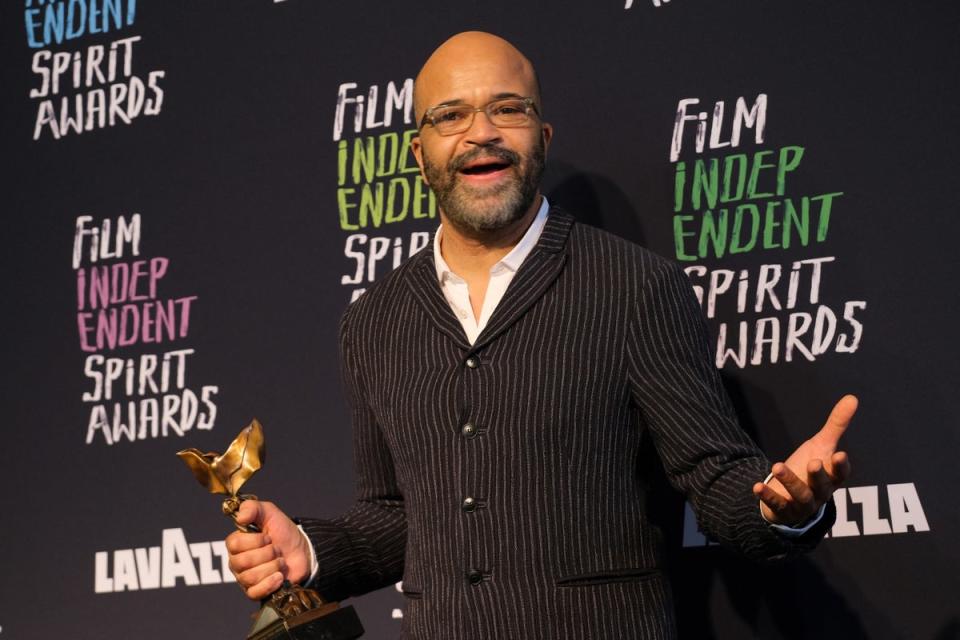 Jeffrey Wright holds the award for Best Lead Performance for ‘American Fiction’ during the Film Independent Spirit Awards 39th annual ceremony (AFP via Getty Images)