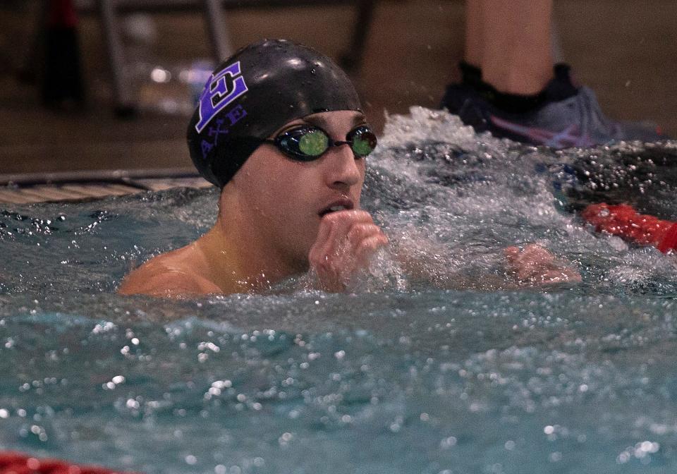 South Eugene's Franco Carrai celebrates his victory in the boys 50 yard freestyle during the 6A Southwest Conference district meet at Willamalane Pool in Springfield Saturday, Feb. 11, 2023.