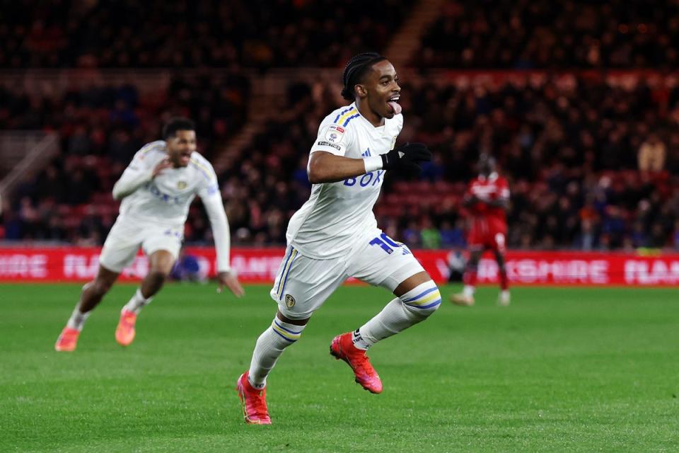 Crysencio Summerville celebrates scoring Leeds’ fourth goal against Middlesbrough (Getty Images)