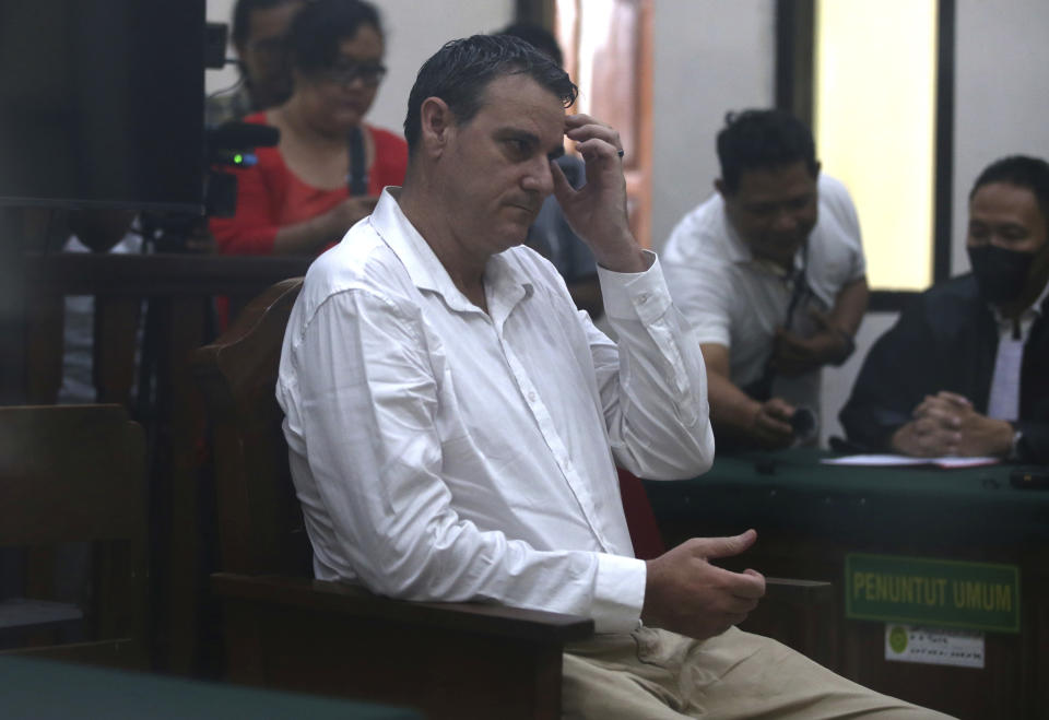 Australian Troy Smith, sits in a courtroom for his first hearing trial at Denpasar district court, Bali, Indonesia on Thursday, June 13, 2024. Indonesian police arrested Smith on April 30 allegedly being caught with methamphetamine in his hotel.(AP Photo/Firdia Lisnawati)