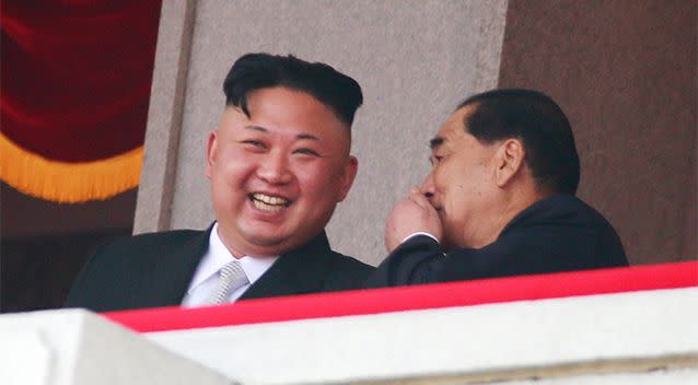 North Korean leader Kim Jong-Un watching the parade. Photo: AP