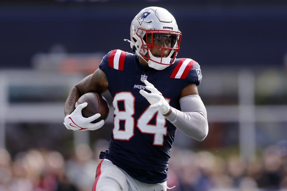 FILE - New England Patriots wide receiver Kendrick Bourne plays against the Buffalo Bills during the first half of an NFL football game, Oct. 22, 2023, in Foxborough, Mass. Bourne has agreed on a contract with the Patriots, a person familiar with the deal told The Associated Press on Monday, March 11, 2024. (AP Photo/Michael Dwyer, File)