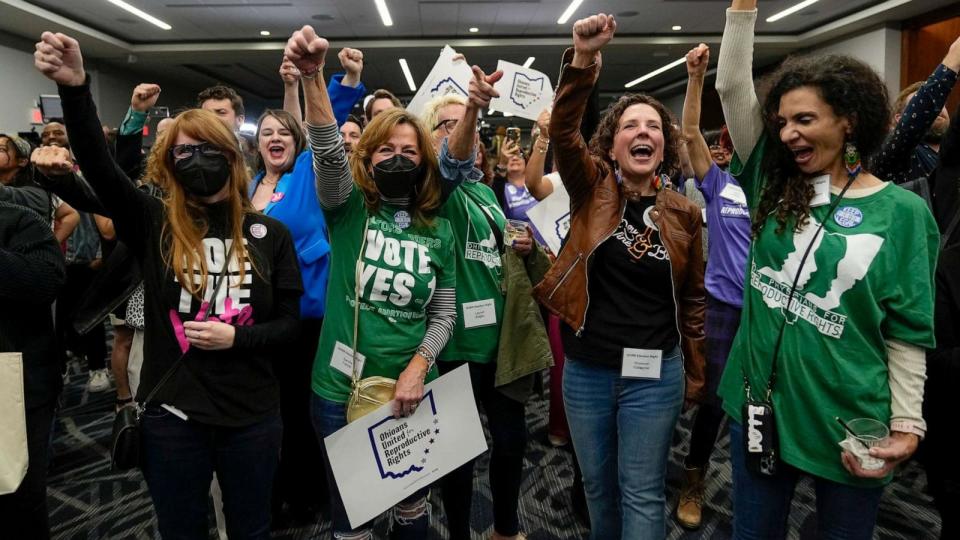 PHOTO: Supporters cheer following the announcement of the projected passage of Issue 1, a state constitutional right to abortion, during a gathering in Columbus, Ohio, Nov. 7, 2023. (Adam Cairns/USA Today via Reuters)