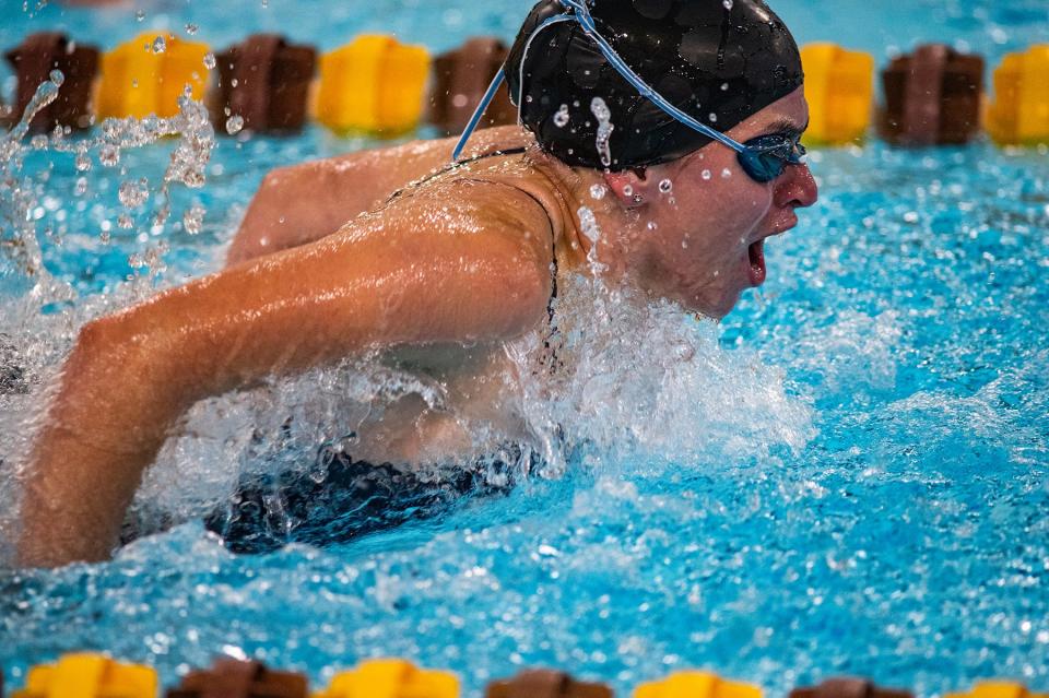 Lourdes' Julia Napoli competes in the 100 meter butterfly during the Kingston and Our Lady of Lourdes girls swim meet at Kingston High School in Kingston, NY on Tuesday, October 10, 2023. KELLY MARSH/FOR THE POUGHKEEPSIE JOURNAL