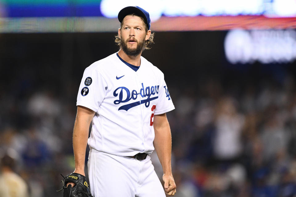 LOS ANGELES, CA - OCTOBER 12: Los Angeles Dodgers pitcher Clayton Kershaw (22) walks back to the dugout after and inning during the NLDS Game 2 between the San Diego Padres and the Los Angeles Dodgers on October 12, 2022 at Dodger Stadium in Los Angeles, CA. (Photo by Brian Rothmuller/Icon Sportswire via Getty Images)