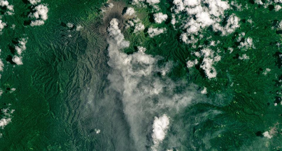 A steam and ash plume from Dukono in Indonesia, seen on March 22, 2016 via Landsat 8.