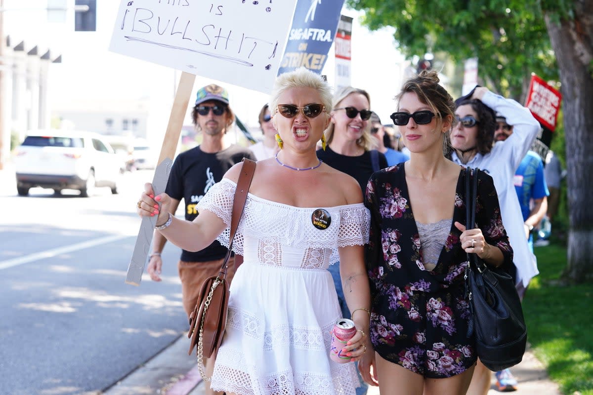 Florence Pugh joined the SAG picket line sporting a platinum buzz cut  (GC Images)