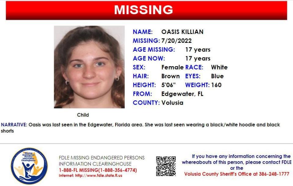 Oasis Killian was last seen on July 20, 2022 in Edgewater.