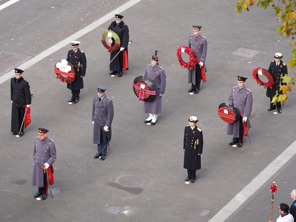 King Charles III, Prince Edward, Earl of Wessex, Prince William, Prince of Wales and Princess Anne, Princess Royal attend the Remembrance Sunday ceremony at the Cenotaph on Whitehall on November 13, 2022 in London, England.