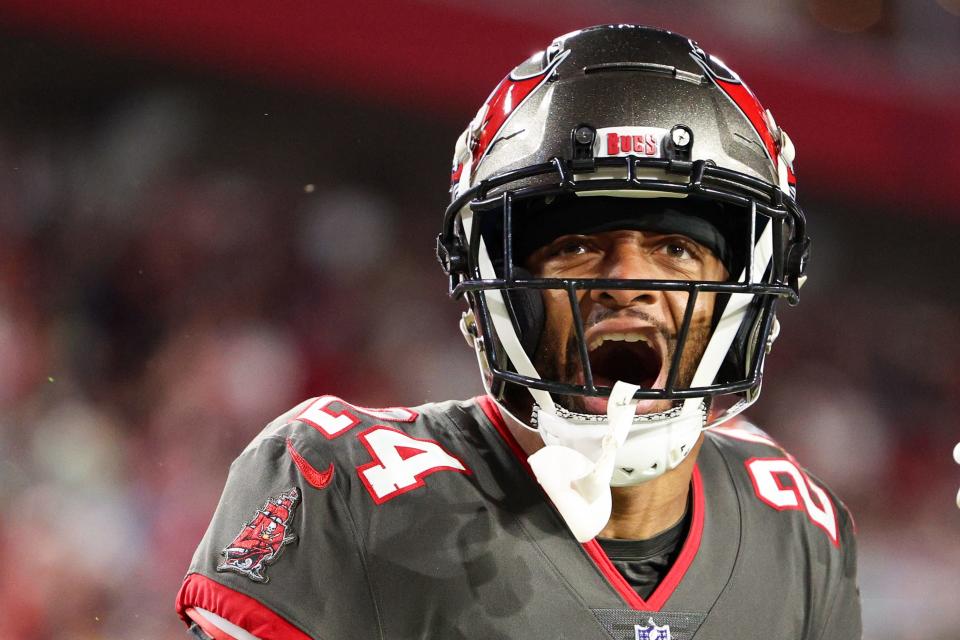 Tampa Bay Buccaneers cornerback Carlton Davis III (24) reacts after a play against the Cincinnati Bengals in the third quarter at Raymond James Stadium.