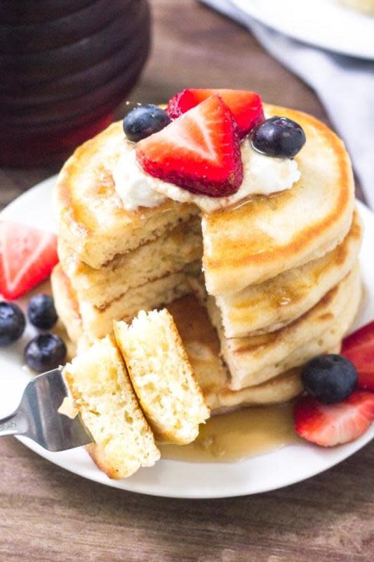 Just So Tasty<p>Cream cheese pancakes are the thickest, fluffiest pancakes you’ll ever eat. They’re just as easy as making traditional breakfast pancakes but 10x fluffier and just as delicious.</p><p><strong>Get the recipe: <a href="https://www.justsotasty.com/cream-cheese-pancakes/" rel="sponsored" target="_blank" data-ylk="slk:Cream Cheese Pancakes;elm:context_link;itc:0;sec:content-canvas" class="link "><em>Cream Cheese Pancakes</em></a></strong></p>
