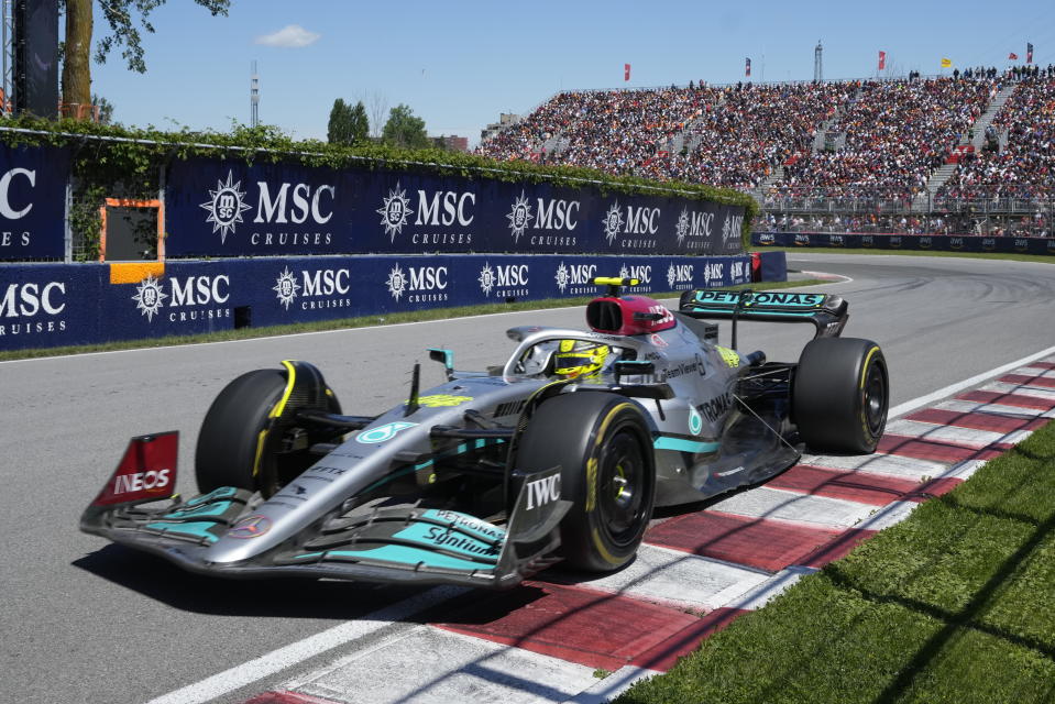 Mercedes driver Lewis Hamilton competes at the Canadian Grand Prix auto race in Montreal, Sunday, June 19, 2022. (Ryan Remiorz/The Canadian Press via AP)