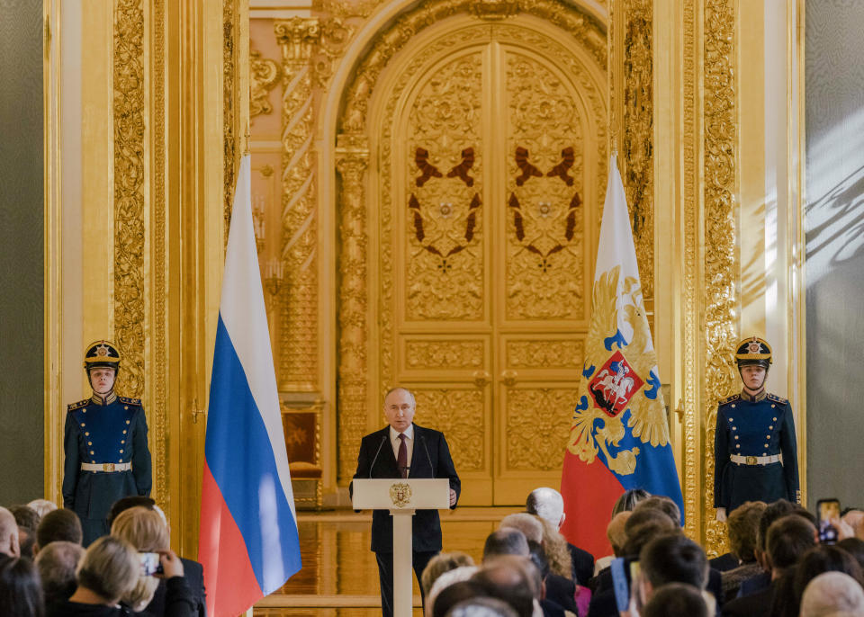 El presidente ruso, Vladimir Putin, realiza declaraciones en el Kremlin en Moscú, el miércoles 20 de marzo de 2024. (Nanna Heitmann/The New York Times)