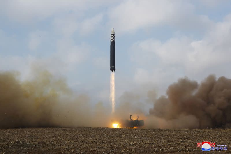 An intercontinental ballistic missile (ICBM) is launched in this undated photo released on November 19, 2022 by North Korea's Korean Central News Agency (KCNA)