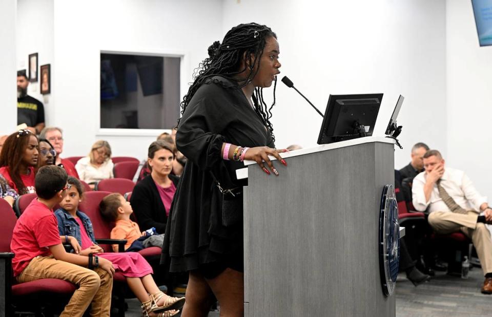 Sarah Parker, with Voices of Florida, addresses commissioners after holding a press conference advocating for justice after Breonte Johnson-Davis’ death. A group of local activists called for the Manatee County Commission to implement a new mental health response program on April 23, 2024.