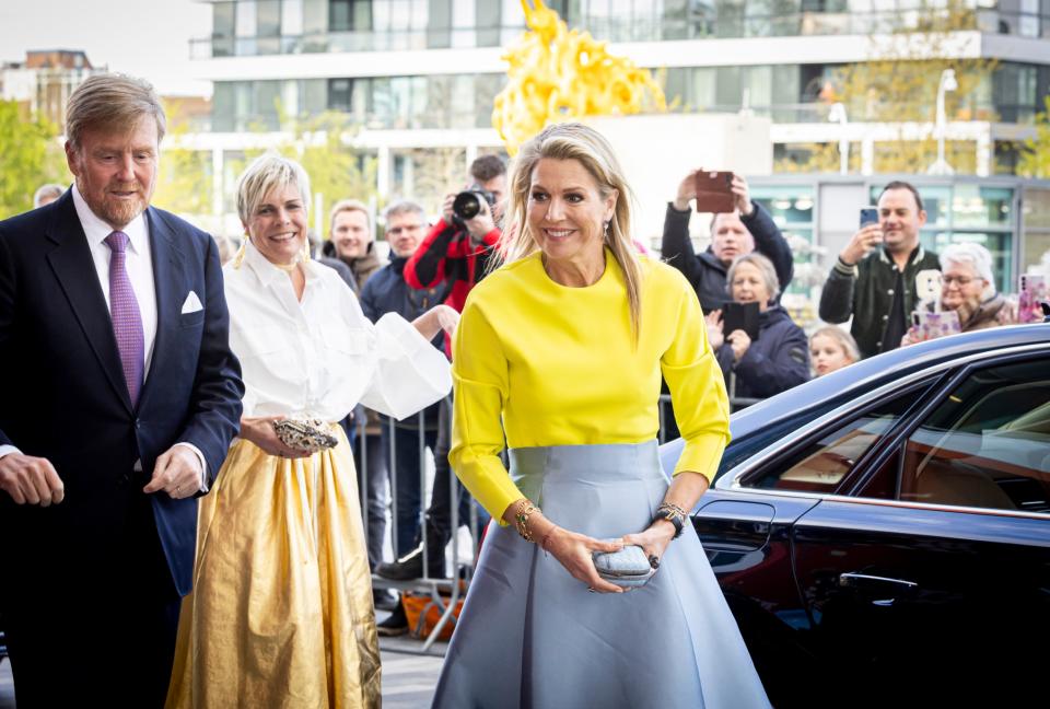 (L-R) King Willem-Alexander of The Netherlands, Princess Laurentien of The Netherlands and Queen Maxima of The Netherlands at the King's Day concert on April 22 in Emmen, Netherlands. 