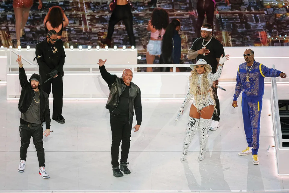 Jackson (top right) at the Dr. Dre-produced Super Bowl LVI halftime show, where he initially was not on the bill: They didn’t want me there. But Eminem wouldn’t do it without me.