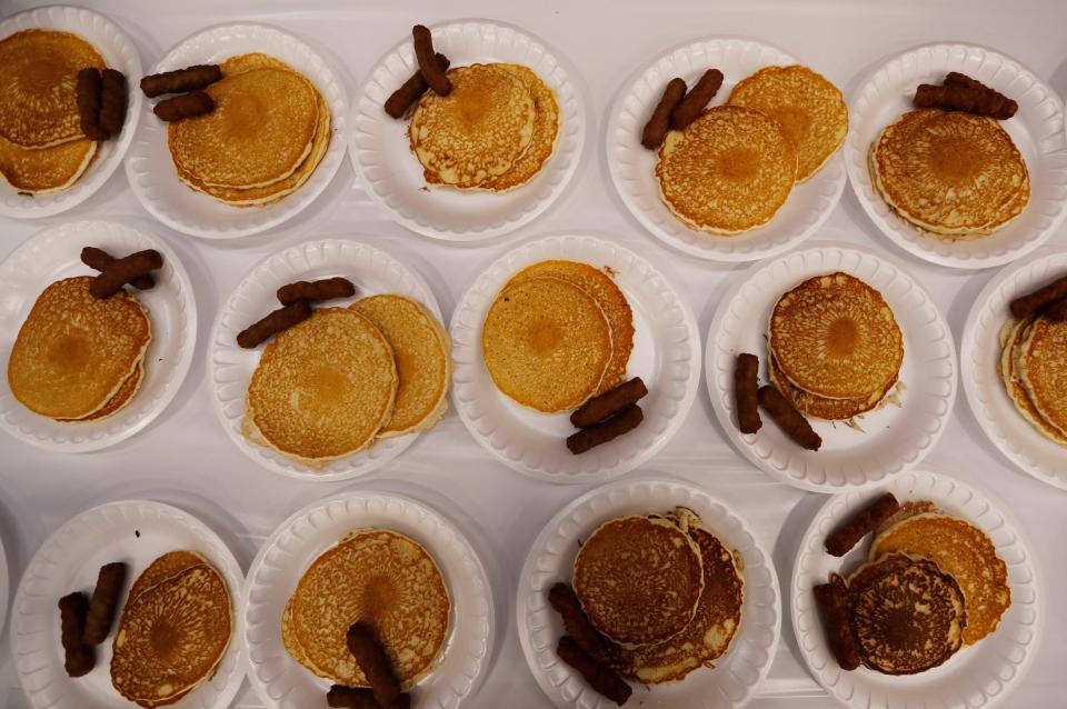 Pancakes and sausage wait to be eaten. The Lubbock Lions Club held their 72nd Annual Pancake Festival at the Lubbock Memorial Civic Center Saturday, Feb. 17, 2024.