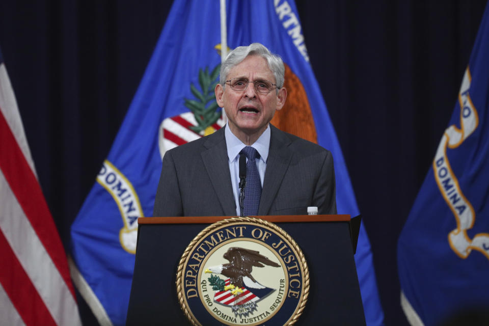 U.S. Attorney General Merrick Garland speaks about voting rights at the Justice Department in Washington, on Friday, June 11, 2021. (Tom Brenner/The New York Times via AP, Pool)