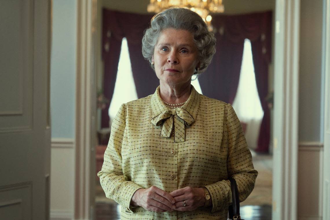 This image released by Netflix shows Imelda Staunton as Queen Elizabeth in “The Crown.” (Alex Bailey/Netflix via AP)
