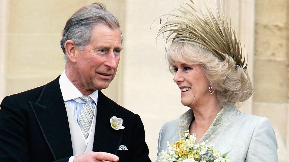 King Charles and Queen Consort Camilla leave the Service of Prayer and Dedication blessing their marriage at Windsor Castle on April 9, 2005