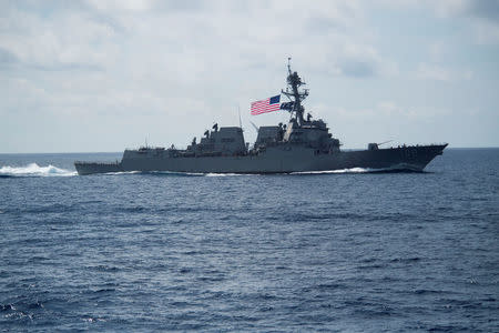 The Arleigh Burke-class guided-missile destroyer USS Wayne E. Meyer (DDG 108) transits the South China Sea, April 11, 2017. The destroyer is on a scheduled western Pacific deployment with the Carl Vinson Carrier Strike Group as part of the U.S. Pacific Fleet-led initiative to extend the command and control functions of U.S. 3rd Fleet. Picture taken April 11, 2017. U.S. Navy photo by Mass Communication Specialist 3rd Class Danny Kelley/Handout via REUTERS ATTENTION EDITORS - THIS IMAGE WAS PROVIDED BY A THIRD PARTY. EDITORIAL USE ONLY. TPX IMAGES OF THE DAY