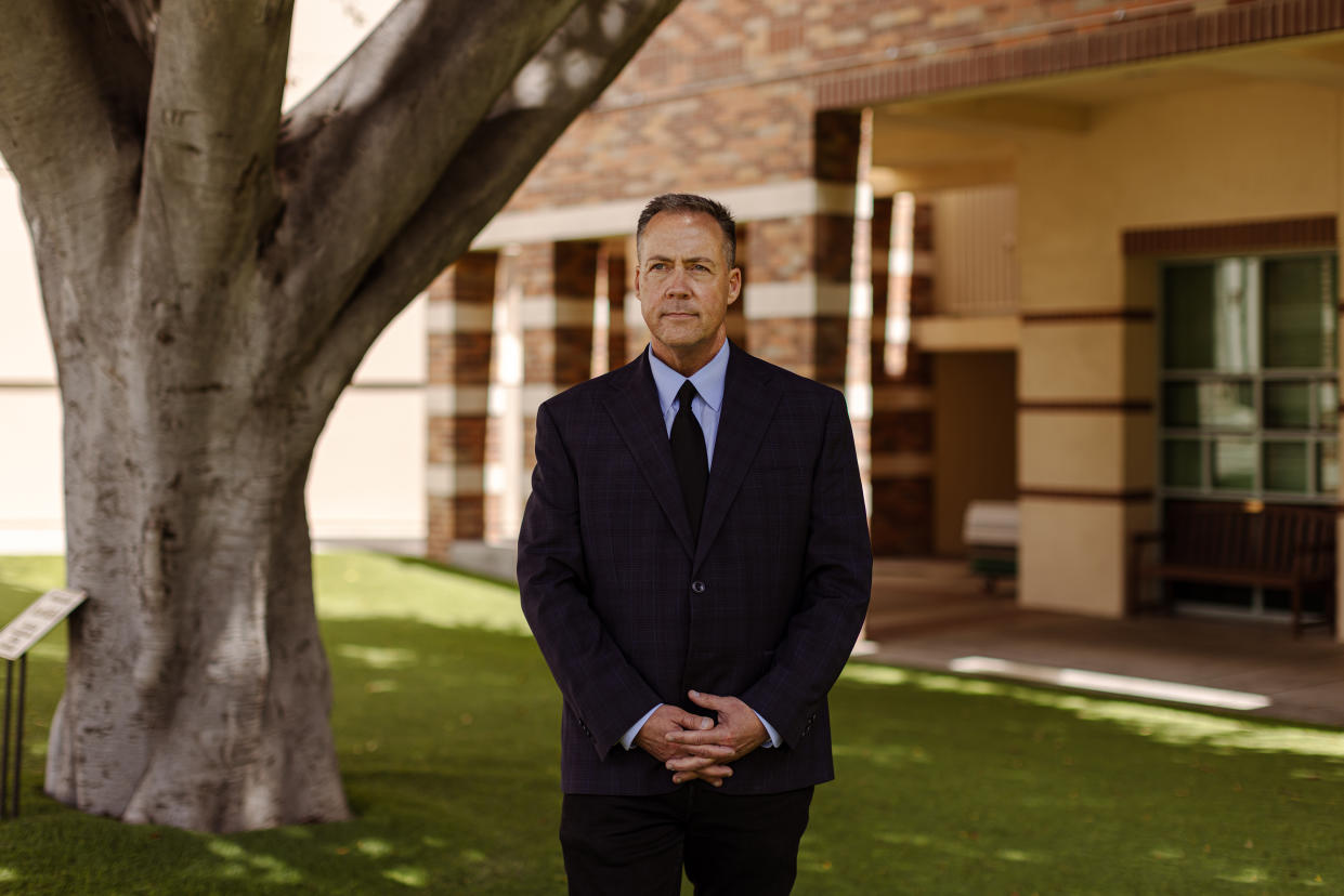 Michael Bregy, superintendent of Beverly Hills schools, at a middle school in Beverly Hills, Calif., April 5, 2024. (Tracy Nguyen/The New York Times)