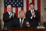 <p>Vice President Mike Pence (L) and Speaker of the House Paul Ryan (R) applaud as US President Donald J. Trump (C) arrives to deliver his first address to a joint session of Congress from the floor of the House of Representatives in Washington, DC, USA, 28 February 2017. (Jim Lo Scalzo /Pool/Reuters) </p>