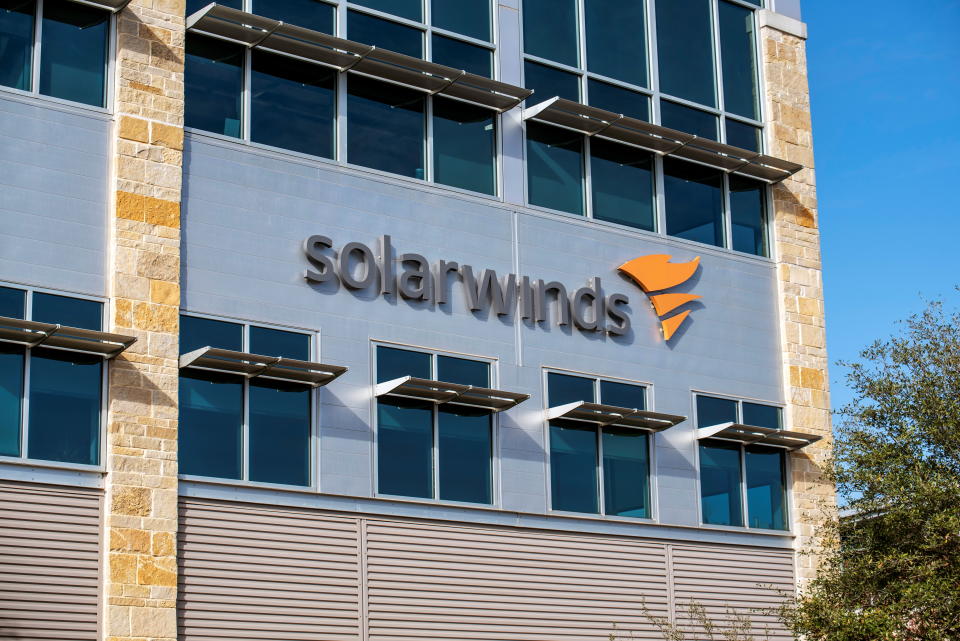 The SolarWinds logo is seen outside its headquarters in Austin, Texas on December 18, 2020. (Sergio Flores/Reuters)