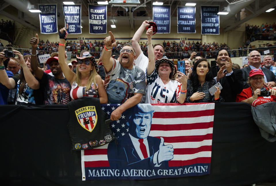 The crowd cheers as Vice President Mike Pence introduces President Trump in Elkhart, Ind., on May 10, 2018. (Photo: AP/Carolyn Kaster)