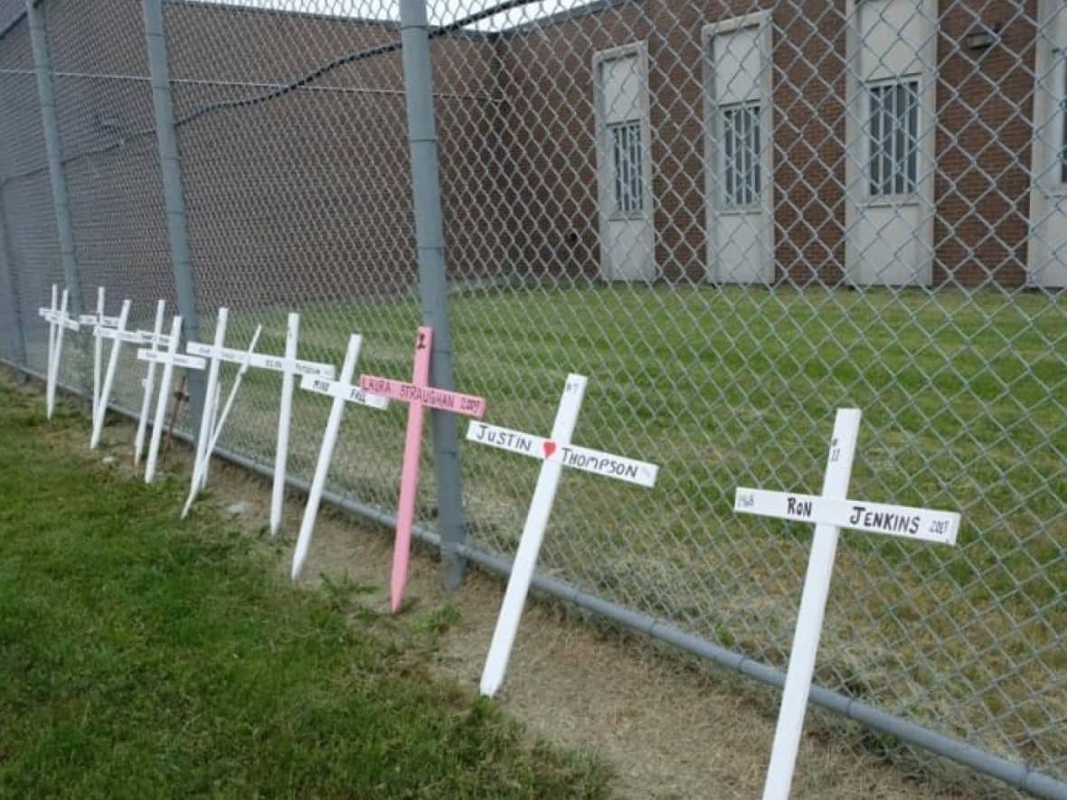There were 280 people who died while in the custody of Ontario provincial jails and prisons from 2010 to 2021. Crosses rest against a fence at London's Elgin-Middlesex Detention Centre representing some who died.  (Hala Ghonaim/CBC - image credit)