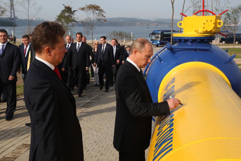 Russian Prime Minister Vladimir Putin and CEO of Russian natural gas giant Gazprom Alexei Miller attend a ceremony to mark the launch of the Sakhalin-Khabarovsk-Vladivostok natural gas pipeline, September 8, 2011 in Vladivostok, Russia.