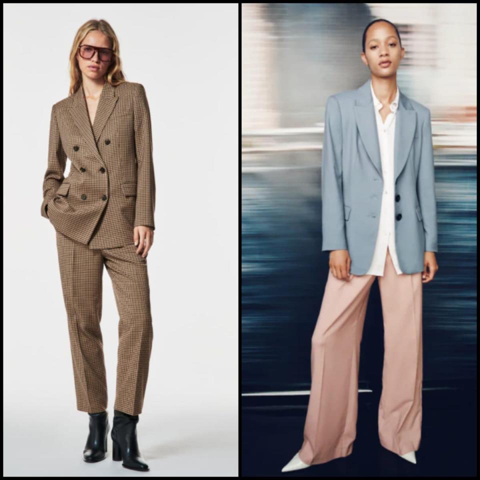 Checked blazer (£69.99); and trousers (£29.99, Zara); Blue blazer (£79.99) and wide leg trousers (£29.99, Zara)