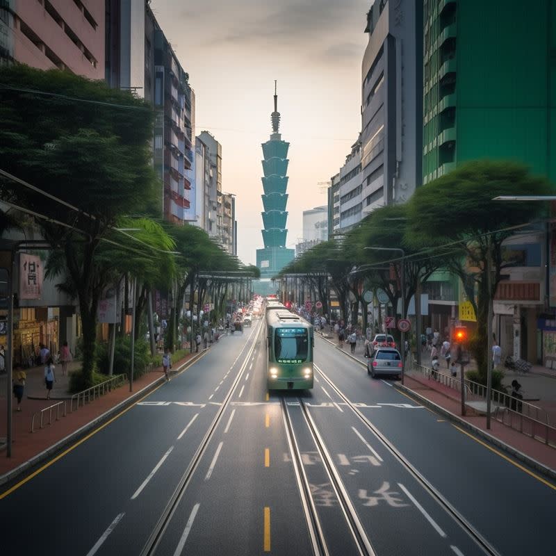 AI生成的「台北街道」，兩側人行道看起來十分寬闊。（圖／翻攝自反攻大路 臉書）