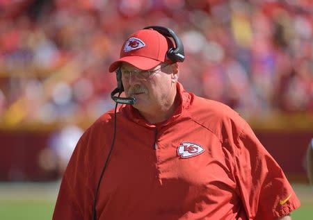 Sep 23, 2018; Kansas City, MO, USA; Kansas City Chiefs head coach Andy Reid walks on the sidelines during the second half against the San Francisco 49ers at Arrowhead Stadium. The Chiefs won 38-27. Mandatory Credit: Denny Medley-USA TODAY Sports