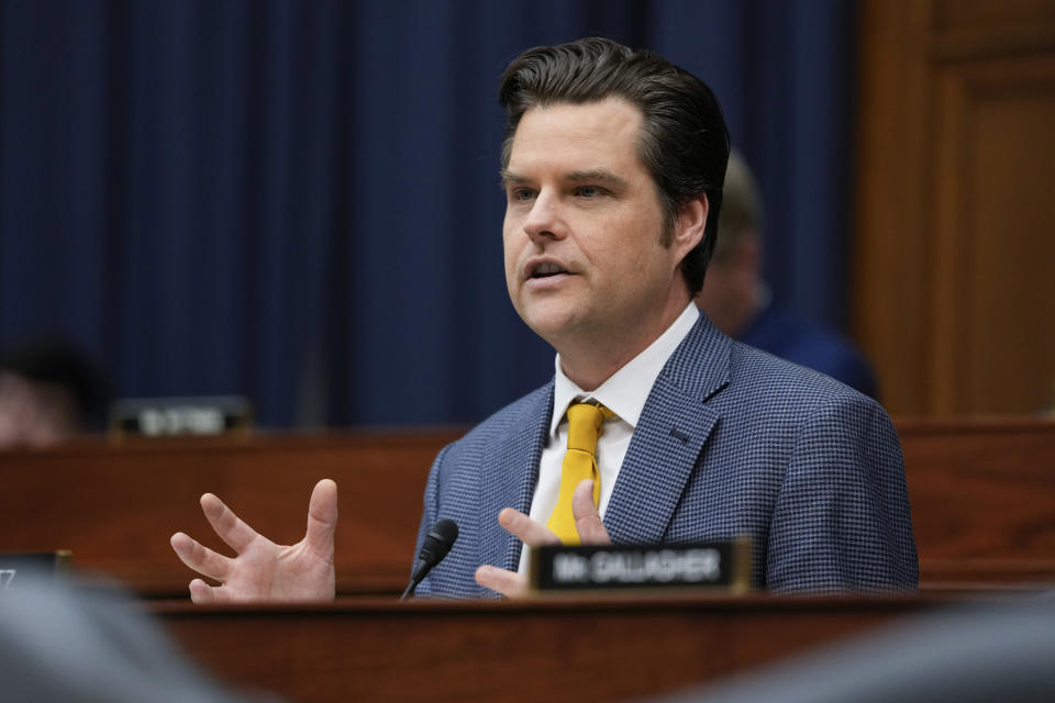 Rep. Matt Gaetz, R-Fla., speaks during the House Armed Services Committee hearing on the Department of the Navy's budget request for fiscal year 2024, on Capitol Hill in Washington, Friday, April 28, 2023. (AP Photo/Carolyn Kaster)