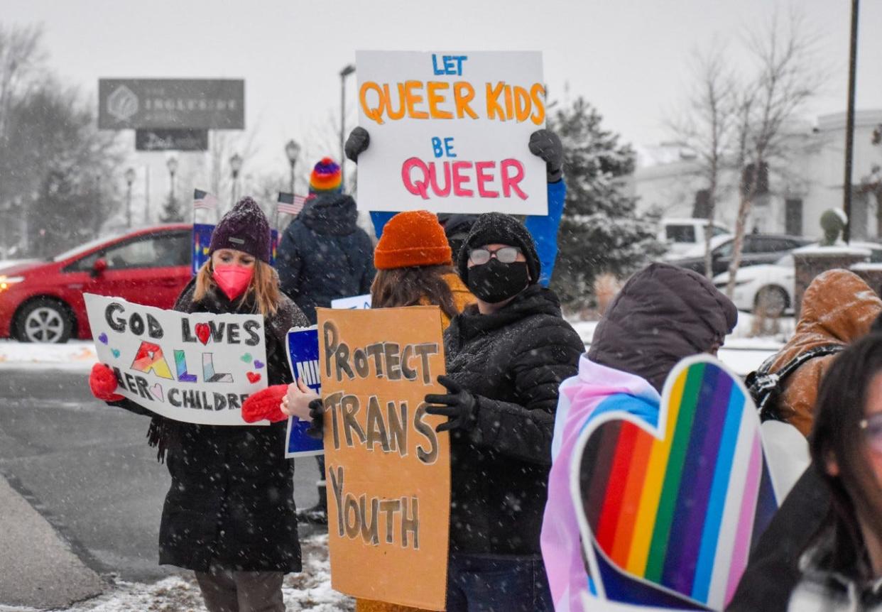 Community organization Trans Advocacy Madison held a protest outside of the Ingleside Hotel to speak out against Parents on Patrol's "Stolen Innocence" panel. The panel was held to educate parents and taxpayers on how to combat "sexual grooming" of children in schools, according to Parents on Patrol's description of the event on Eventbrite.