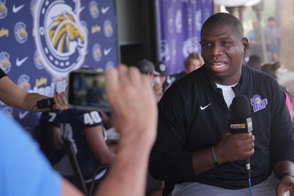 Arizona College Prep. Head Coach Myron Blueford speaks during Chandler Unified School Districtâ€™s Media Day with players from Arizona College Prep., Chandler, Hamilton, Basha, Casteel and Perry High Schools at Valle Luna Mexican Restaurant on Wednesday, Aug. 3, 2022.