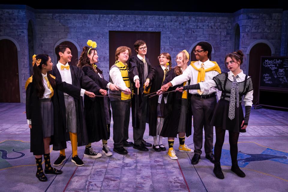 From left, Jamie Yarbrough, Mattie Gillespie, Kennedy Cardenas, Ethan Wilcox, Marby Fristoe, Sabrina Ali, Nicholas Shaffer, Maddox Nite and Jaxx Creek star in the Amarillo Little Theatre Academy production of "Puffs." The parody play runs July 13 through 16 at the ALT Adventure Space.