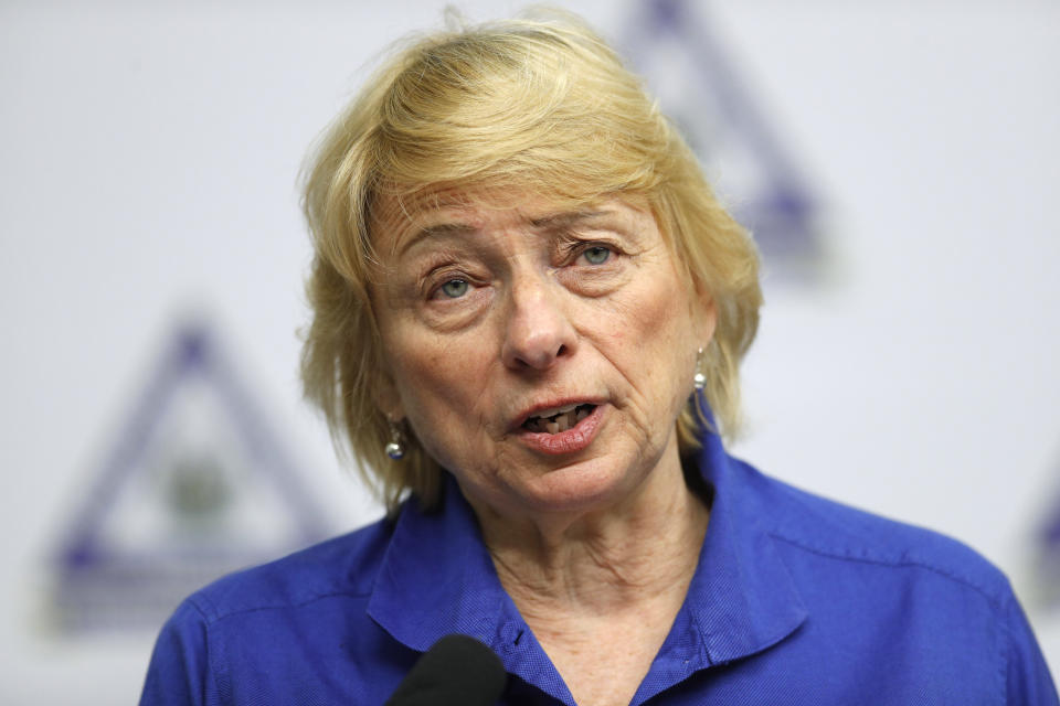 FILE - Maine Gov. Janet Mills speaks at a news conference in this April 28, 2020, file photo in Augusta, Maine. Mills, who is seeking a second term, is being challenged by Republican Paul LePage, a former two-term governor. (AP Photo/Robert F. Bukaty)