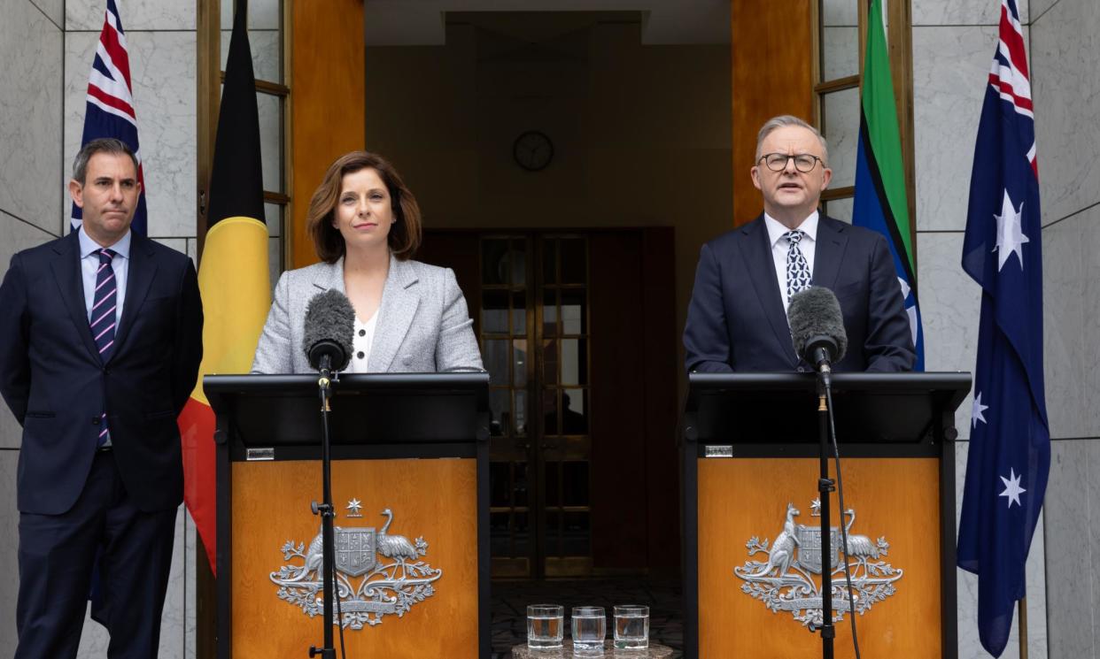 <span>Jim Chalmers, Anika Wells and Anthony Albanese announce the aged care reforms.</span><span>Photograph: Mike Bowers/The Guardian</span>