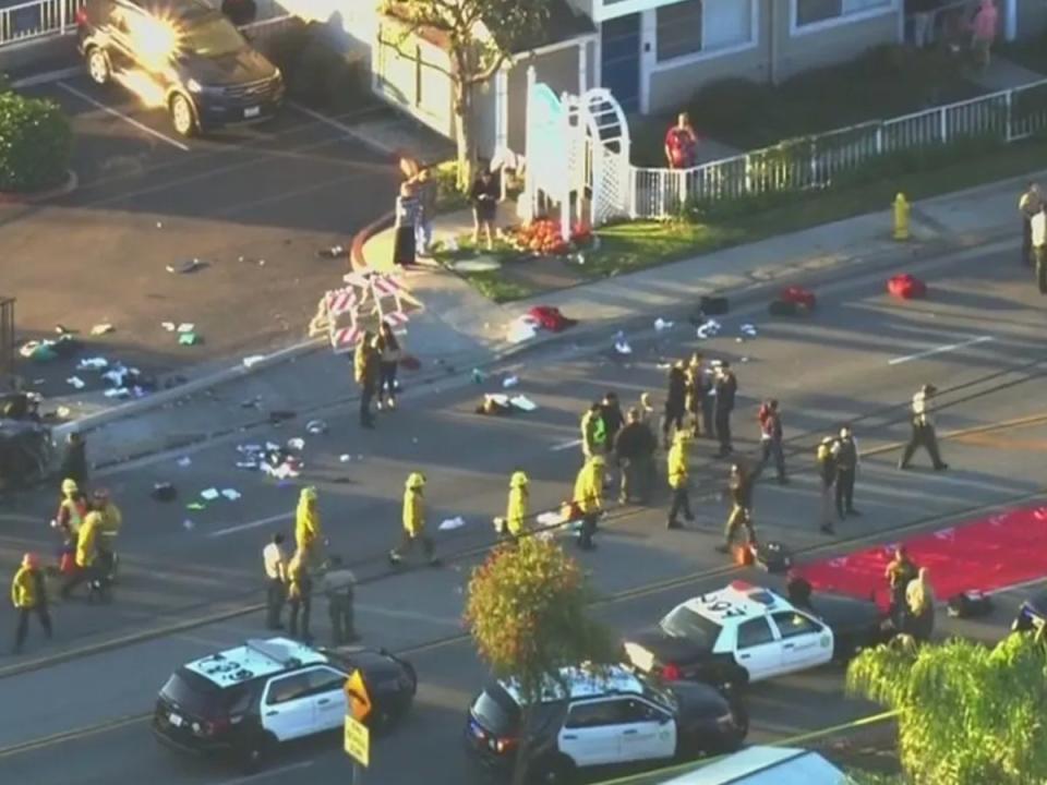 25 police recruits were injured after being struck by a vehicle while on a morning run (Screenshot / Fox 11 LA)