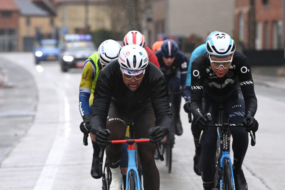 WEVELGEM BELGIUM  MARCH 26 LR Greg Van Avermaet of Belgium and AG2R Citron Team and Johan Jacobs of Switzerland and Movistar Team compete in the breakaway during the 85th GentWevelgem in Flanders Fields 2023 Mens Elite a 2609km one day race from Ypres to Wevelgem  UCIWT  on March 26 2023 in Wevelgem Belgium Photo by Tim de WaeleGetty Images