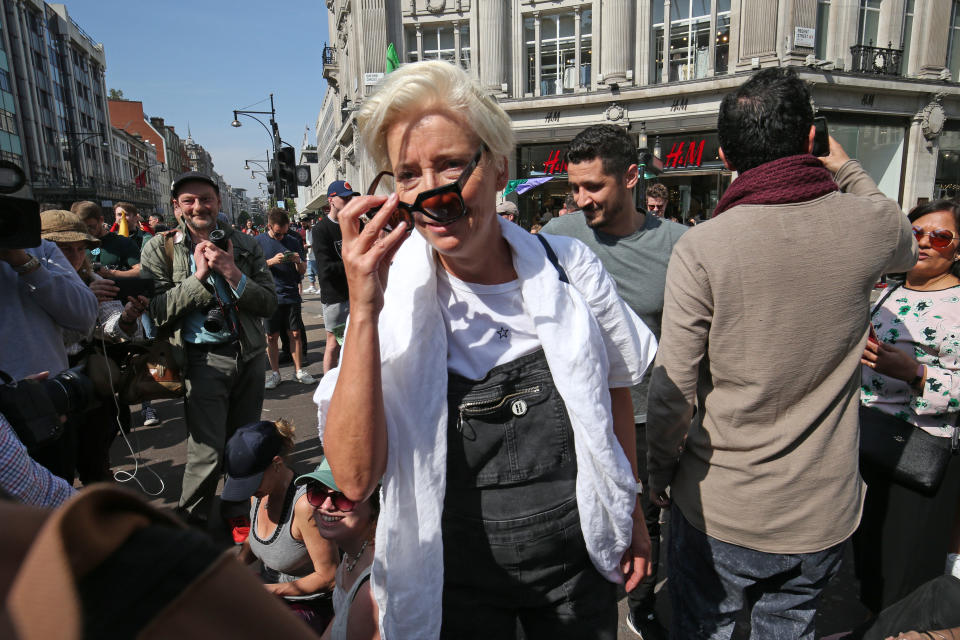 Actress Emma Thompson joins Extinction Rebellion demonstrators at Oxford Circus in London.